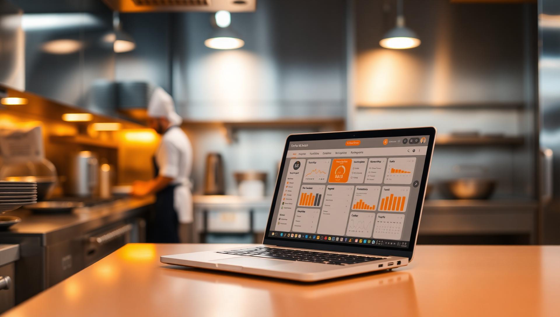 Cook Manager Pro - cocina profesional con software en laptop